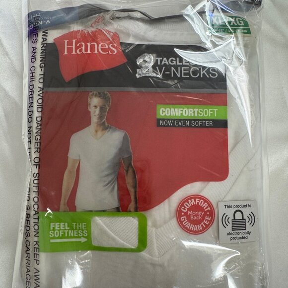 NEW Open Package of Men's Hanes White 2 Tagless V-Neck Shirts - XL - Picture 1 of 2